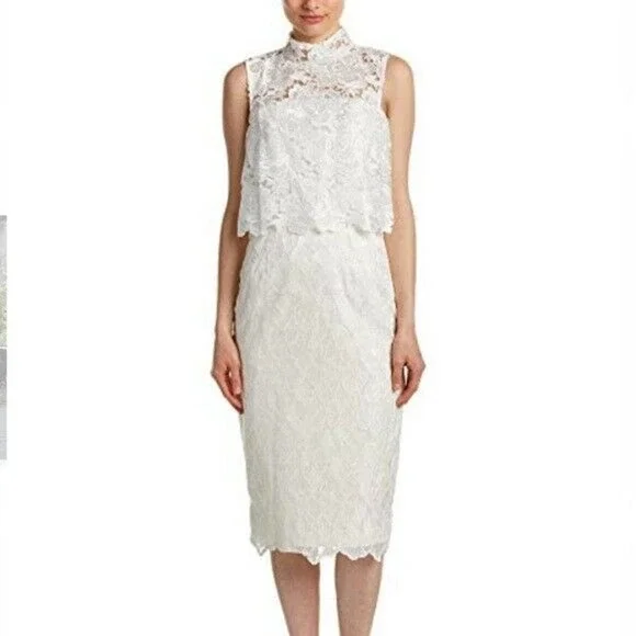 Monique Lhuillier Dress 4 Wht Lace Cocktail High Neck Structured 444209 NWT $598 - Picture 1 of 12